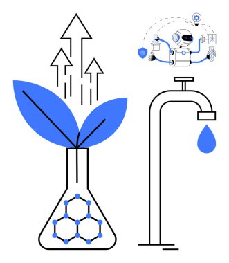 Moleküler yapısı olan bir kimyasal şişede büyüyen bitki, verileri analiz eden yapay zeka robotu ve damlayan su musluğu. Yenilik, sürdürülebilirlik, biyoteknoloji, yapay zeka, su yönetimi, büyüme için ideal