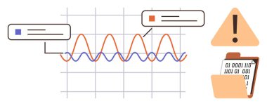 Kırmızı ve mavi dalga şekilli grafikler, konuşma baloncukları vurgulama noktaları, uyarı üçgeni, ikili kodlu dosyalar. Analiz, hata tespit, istatistik, izleme ve bilgisayar raporlama için ideal