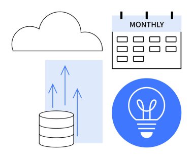 Bulut simgesi, aylık etiketli takvim, büyüyen oklarla veri depolama fikri için ampul. Takım çalışması, yenilik, veri analizi, zaman yönetimi, bulut hesaplama iş stratejisi için idealdir.