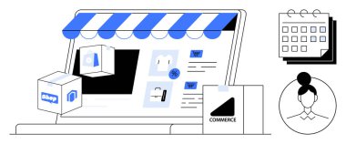 Dizüstü bilgisayarında ürün kartları, teslimat paketleri, kullanıcı avatarı, takvimi olan dijital bir mağaza. Çevrimiçi alışveriş, e-ticaret, küçük işletme, ürün pazarlama, lojistik ticareti için ideal