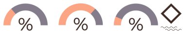 Yüzde işaretli ve soyut geometrik şekilli üç yarı dairesel ilerleme göstergesi. Veri analizi, ilerleme takibi, minimal tasarımlar, bilgi grafikleri, gösterge paneli kavramları için ideal
