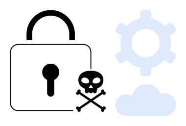 Güvenlik tehdidini sembolize eden asma kilit, bulut ve dişli ikonu teknolojik zayıflıkları yansıtıyor. Siber güvenlik, veri koruması, bulut hesaplama, sistem yönetimi ve hackleme için ideal