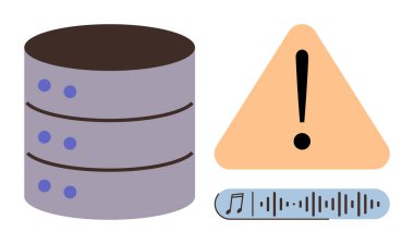 Veritabanı yığını, üçgen uyarı işareti ve ses dosyası görselleştirmesi. Siber güvenlik, bilişim arızası, veri yönetimi, sistem hatası, dosya depolama kapasitesi ses bozulması için ideal. Basit.