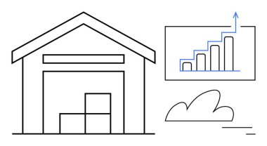Kutularla dolu bir depo, yükselen bar çizelgesi ve lojistik, büyüme ve tedarik zincirini simgeleyen bir bulut. İş, envanter, analitik, lojistik e-ticaret gelişimi için ideal basit iniş sayfası