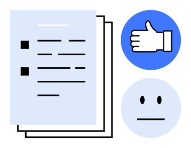 Başparmaklar ve tarafsız yüz simgelerinin yanında değerlendirme, değerlendirme ve geri bildirimi sembolize eden kontrol listesi belgesi. Rapor, anket, karar verme, analitik, anket, gözden geçirme ve basit kavramlar için ideal