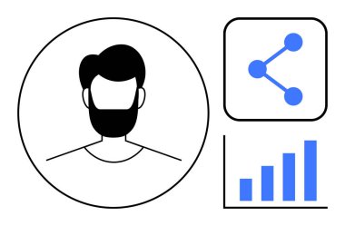 İnsan profili çizimi, bar çizelgesi ve paylaşım simgesi. Ağ oluşturma, veri analizi, sosyal medya, kullanıcı arayüzü, istatistik, takım işbirliği basit iniş sayfası için ideal