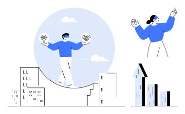 Ampul ve tokalaşma grafiklerini şehir manzarası, analitik çizelgesi ve bireysel yenilik üzerinde VR kulaklıkla dengeleyen kişi. Teknoloji, yenilik, analitik, takım çalışması, denge ve modern için ideal