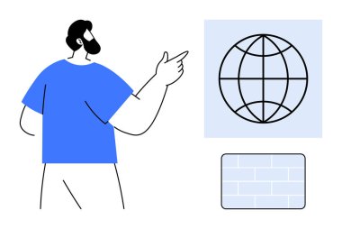 Mavi gömlekli sakallı adam, bir dünya ikonu ve tuğla desenine doğru el kol hareketi yaparak, düz metafor için işbirliği, yenilik, keşif, eğitim, planlama, iletişim ve basitlik ideallerini ima ediyor.