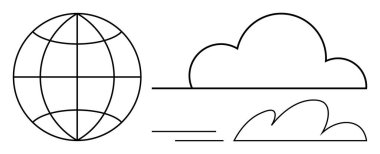 Enlem ve boylam çizgileri olan dünya, büyük bulut ve hareket çizgileri olan küçük bulut. Küresel iletişim, hava tahmini, çevre, hava taşımacılığı, ağ oluşturma, sürdürülebilirlik için ideal
