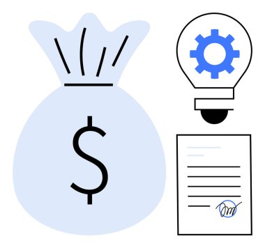 Dolar işaretli para çantası, teçhizatlı ampul ve imzalı belge. Yenilik, finans, iş planlaması, girişimcilik, yatırım yaratıcı düşünce için ideal. Basit düz