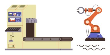 Üretim işlemleri için bir taşıma bandının yanında çalışan robot kol. Otomasyon, teknoloji, robot bilimi, sanayi 4.0, fabrika verimliliği, üretim yeniliği ve mekanizasyon için ideal