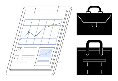 Panodaki grafik pazar eğilimlerini ve analizleri gösteriyor, iki evrak çantasıyla eşleştirilmiş. İş, ofis, başarı, analiz, finans, iletişim, hedef saptama basit düz metaforu için idealdir