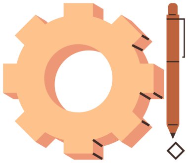 Dişliler kalem ve elmas çizgilerle eşleştirilmiş. Takım çalışması, fikir, planlama ve yapılandırılmış süreçler öneriliyor. Mühendislik, üretkenlik, yaratıcılık, yenilik, iş akışı için ideal