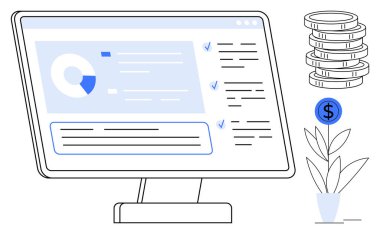 Bilgisayar monitörü para yığını ve bitkinin yanında veri tablosu, analiz ve kontrol listelerini gösterir. Ticari büyüme, finansal planlama, analitik, yatırım, üretkenlik, teknoloji için ideal basit