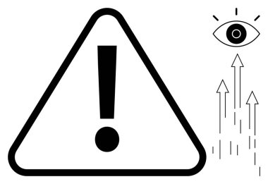 Yukarıya bakan oklar ve bir göz sembolü eşleştirilmiş kalın ünlem işaretli uyarı üçgeni. Güvenlik, farkındalık, dikkat, görüş, dikkat, gözlem kavramları için idealdir. Cesur ve basit.