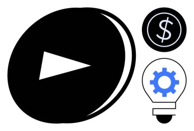 Ampulü, dişlisi ve dolar işareti olan bozuk parası olan büyük bir çalma düğmesi. Yenilik için ideal, iş stratejisi, teknoloji, medya, para kazanma, yaratıcılık, verimlilik. Basit düz