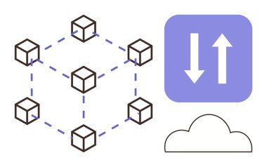 Veri paylaşımı için yukarı ve aşağı oklarla blok zinciri ağı ve bulut tasvir eden bağlı küpler. Engelleme zinciri, bulut hesaplama, veri transferi, ademi merkeziyet, teknoloji sistemleri, sunucusuz