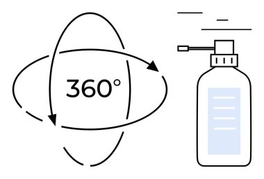 Detaylı başlıklı sprey şişesi ve dönen oklar 360 derecelik alanı vurguluyor. Temizlik, güzellik, yenilik, verimlilik, kolaylık, hijyen, basit iniş sayfası için ideal