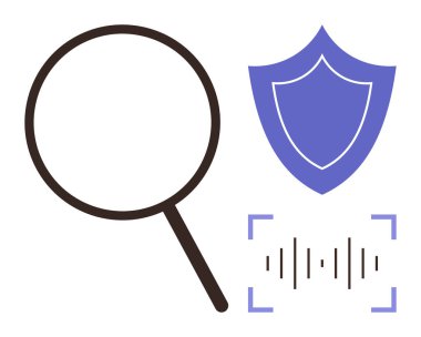 Büyüteç, kalkan ve ses dalgaları veri aramasını, siber güvenliği, ses analizini ve çevrimiçi korumayı gösteriyor. Güvenlik, mahremiyet, inceleme teknolojisi ve web güvenliği için ideal