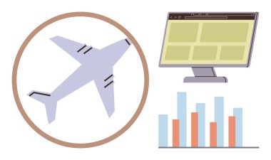 Daire içine uçak, kontrol paneli olan bilgisayar monitörü, bar çizelgesi. Havacılık, lojistik, seyahat planlama, veri analizi, teknoloji iş anlayışları ulaşımı için idealdir. Basit düz metafor