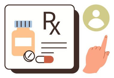 İlaç şişesi, haplar, Rx metni, kullanıcı profili simgesi ve basit bir dairede parmak göstererek reçeteyi, sağlık hizmetlerini, hasta erişimini, tıbbi kayıtları, dijital servis eczane tedavisini sembolize ediyor.