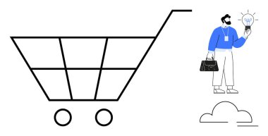 İş adamı ampulü alışveriş arabasının üstünde tutarak yaratıcılığı ve yeniliği sembolize ediyor. E-ticaret, girişimcilik, perakende pazarlama, satış stratejisi, yenilik ve ticaret için ideal