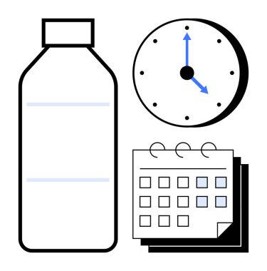 Şişe, saati gösteren saat ve takvim düzenli su akışını sembolize ediyor. Sağlık, rutin, susuzluk, disiplin, yaşam tarzı, kişisel bakım için ideal. Basit düz metafor