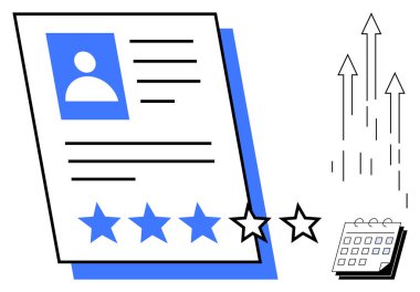 Profil detayları, yıldız reytingleri, yükselen oklar ve takvim içeren profesyonel bir belge. Kariyer geliştirme, değerlendirme, ilerleme, verimlilik, başarı planlama becerisi geliştirme için ideal. Basit.