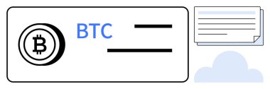 BTC logosu, işlem detayları, belge temsili ve bulut depolama gösteren Bitcoin cüzdanı. Kripto para birimi, finans, teknoloji, engelleme zinciri, güvenlik dijital ödeme verileri için ideal