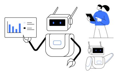 Robot veri analizi ekranı tutuyor, tableti inceleyen kişi. Otomasyon, teknoloji, yapay zeka, iş zekası, veri görselleştirme, robotik, basit iniş sayfası için ideal