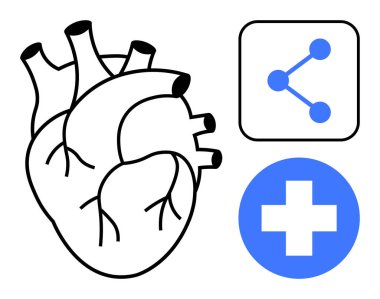 Anatomik kalbin yanı sıra paylaşım ve sağlık ikonları. Sağlık, tıp, biyoloji, takım çalışması, iletişim, yenilik ve teknoloji için ideal. Basit bir iniş sayfası için mükemmel.