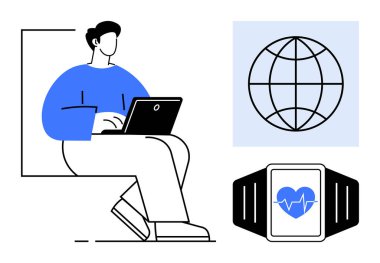 Dizüstü bilgisayar kullanan bir adam, bağlantıyı sembolize eden bir dünya ikonu, kalp atış hızını gösteren bir akıllı seğirme. Sağlık teknolojisi, uzaktan çalışma, küresel bağlantı, fitness, teletıp, çevrimiçi hizmetler için ideal