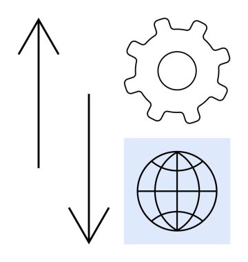Yukarı ve aşağı oklar, dişli dişli dişli çarklar ve küresellik yönü, küresel bağlantıyı ve işlevselliği simgeliyor. Teknoloji, iş stratejisi, süreç akışı, yenilik takım çalışması için ideal