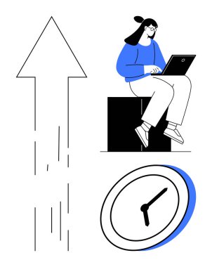 Blokta dizüstü bilgisayarla oturan kadın, yukarı doğru ok ilerlemeyi, saatin odaklanma zamanını gösteriyor. Üretkenlik, zaman yönetimi, kariyer, odaklanma, başarı verimliliği için idealdir. Basit düz metafor