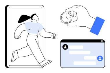 Akıllı telefondan inen, elinde kronometreyle sohbet penceresine eşlik eden bir kadın. Üretkenlik, mobil kullanım, zaman izleme, dijital iletişim için ideal