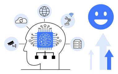 İnsan beyni makine öğrenme işlemcisiyle entegre oldu, bulut, robot bilimi, veri, yapay zeka, izleme, bağlantı, büyüme simgeleri. Yapay zeka otomasyonu için ideal zeka verimliliği