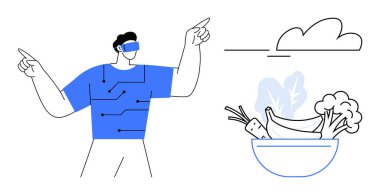 VR kulaklık takan kişi teknolojiyle etkileşime geçip sanal bulutu işaret ediyor. En yakın kasede sebze, brokoli, muz ve havuç var. Yenilik, sağlık, teknoloji ve gelecek için ideal