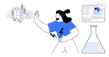 Midesi ağrıyan bir kadın alerjik yiyeceklerden kaçınıyor. Balıklar, süt ve buğday. Laboratuvar matarası ve veri analizi sağlık araştırmalarını sembolize eder. İlaç, beslenme, bilim, alerjiler, diyet için ideal