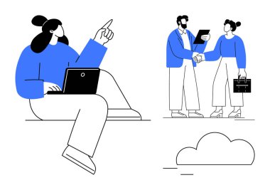 Dizüstü bilgisayarını bağdaş kurarak kullanan iki kişi, evrak ve evrak çantasıyla el sıkışan iki kişi. İşbirliği, uzaktan çalışma, ağ, iş başarısı, ortaklık, takım çalışması için ideal, basit