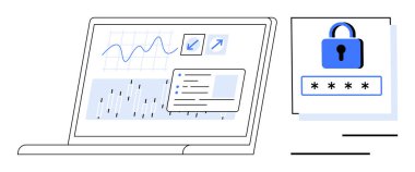 Analitik gösterge panelini grafikler, çizelgeler ve veri bildirimi ile birlikte güvenli bir şifre korumalı giriş ekranı ile birlikte aç. Teknoloji, siber güvenlik, veri, analitik, gizlilik için ideal