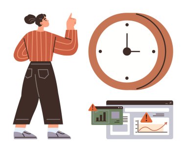 Yukarıya bakan kadın saatin yanında duruyor ve ekranlarda uyarı işaretleriyle veri tablolarını gösteriyor. Zaman verimliliği, verimlilik, teslim tarihleri, analiz, organizasyon, problem çözme, planlama için ideal