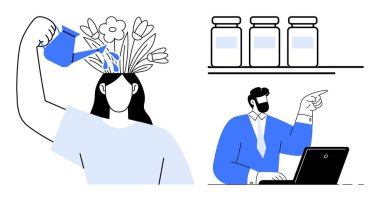 Kafasından çiçekleri sulayan bir kadın kavanozlu raflar ve dizüstü bilgisayarı ileri bakan bir adam. Büyüme, yaratıcılık, kendine bakım, üretkenlik, öğrenme, hedef belirleyici basit düzlük