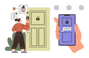 Kadın, akıllı kapı doğrulaması için yüzünü tarıyor. Kilit açma seçeneği olan telefon görüntülendi. Ev güvenliği, teknoloji, biyometri, otomasyon, kolaylık, özel dijital güvenlik için idealdir. Basit düz