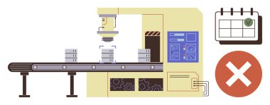 Taşıyıcı sistem robot ekipmanlı malları denetliyor, reddedilmiş ürün vurgulandı ve bir takvim simgesi. Üretim, kalite kontrolü, otomasyon, teslim tarihleri, iş akışı, programlama için ideal
