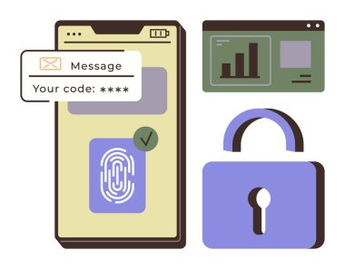 Parmak izi tarayıcılı cep telefonu, mesaj doğrulama kodu, kilit ve analitik gösterge paneli. Güvenlik, gizlilik, kimlik doğrulama, teknoloji, çevrimiçi güvenlik veri koruması için ideal basit