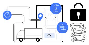 Yol haritasında teslimat kamyonu, konum kodu, kronometre, fabrika, depo, kilit ve madeni paralar. Lojistik güvenlik verimliliği tedarik zinciri planlama ulaşım finansal yönetimi için idealdir. A