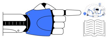 Robotik el, robot, dişli ve harita ikonu ile bağlantılı yapay zeka işlemini açık kitapla birlikte gösteriyor. Teknoloji, eğitim, yenilik, otomasyon, gelecek entegrasyon kavramları için ideal