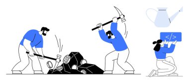 İşçiler aletlerle taş çıkarıyorlar, diz çökmüş biri tarafından kodlanıyorlar ve başımızın üstünde bir su bidonu var. Takım çalışması, emek, kaynak çıkarma, kodlama, büyüme, sürdürülebilirlik için ideal basit iniş sayfası