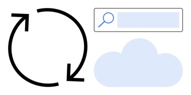 Sembolü yenile, arama çubuğu ve bulut simgesi veri senkronizasyonunu, bulut depolamasını, taramayı vurgula. Teknoloji, bulut hesaplama, arama çözümleri, veri akışı depolama döngüsü ve ağlar için ideal