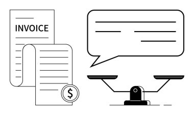 Dolar işareti, konuşma balonu ve terazi içeren fatura belgeleri. Denge, müzakere ya da adalet. Finans, muhasebe, hukuk, iş iletişimi karar verme adaleti için ideal